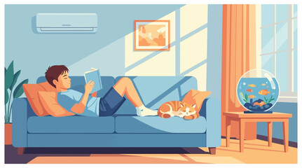 boy reading book while laying down on the couch in the living room vector illustration. used for poster, web image and other