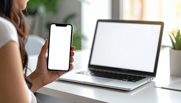 Woman holding smartphone with blank screen next to laptop