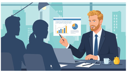 Businessman man woman meeting in office to present project Analytical Data Statistics Financial Reports Company