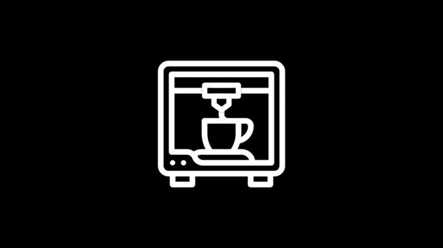 3D printer icon with a coffee cup inside on a black background.