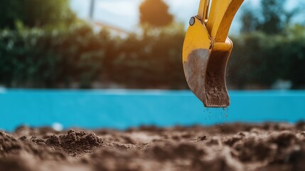 Excavator bucket digging soil at construction site, close up