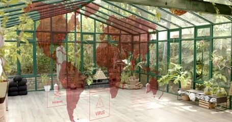 Virus malware icons fading red overlay transforming into greenhouse retreat with cushions