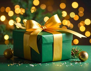Green gift box with gold ribbon, festive bokeh background