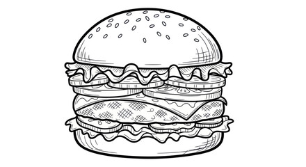 Detailed Line Art Illustration of a Classic Hamburger with Sesame Seed Bun.