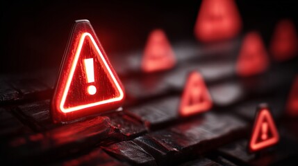 Urgent warning signs glow red signaling potential danger and critical alerts in a dark digital space