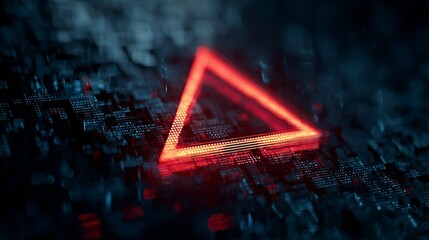 Dynamic glowing red triangle over abstract digital data circuit board background