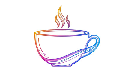 Colorful rainbow gradient line art drawing of a steaming hot coffee cup.