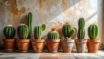 Row of cacti in terracotta pots against a textured wall