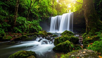 Lush waterfall cascading through a mossy forest