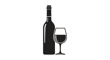 Wine Bottle and Glass Icon Simple Black Silhouette.