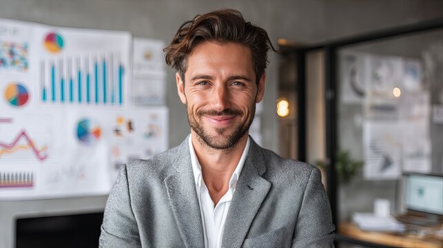 Confident businessman smiles warmly in modern office surrounded by financial charts and data visualizations