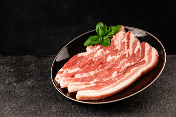 Bacon slice lard with meat slices pieces pork tenderloin portion size natural product tasty snack fresh delicious gourmet food background on the table rustic top view copy space