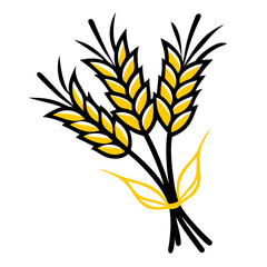 Illustration of three wheat stalks tied together with a yellow ribbon on a white background art