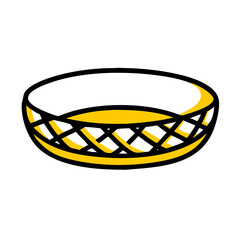 A stylized illustration of a yellow and black woven basket with an oval shape and empty interior space