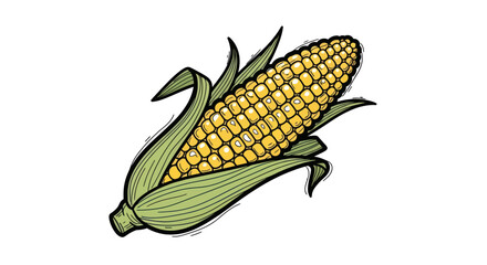 Hand-drawn illustration of a fresh yellow ear of corn with green husks.