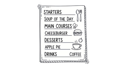 Hand-Drawn Restaurant Menu Board with Food and Drink Options.