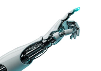 Robotic hand pointing with glowing fingertip isolated on transparent background for futuristic technology concepts