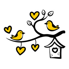Two yellow birds perched on a black branch with yellow hearts and a birdhouse illustration vector art