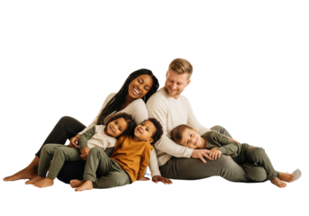 Happy Diverse Family Couple With Three Young Children Sharing Joyful Moments Together Isolated On Transparent Background