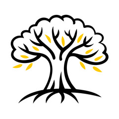 Stylized tree with black branches and roots and yellow leaves on a white background design art