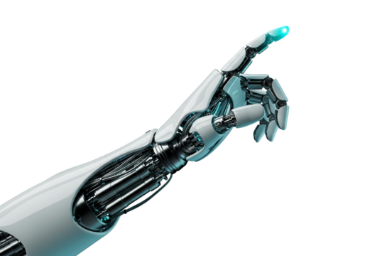 Robotic hand pointing with glowing fingertip isolated on transparent background for futuristic technology concepts