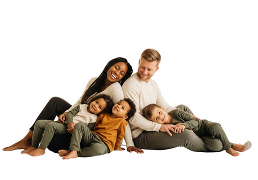 Happy Diverse Family Couple With Three Young Children Sharing Joyful Moments Together Isolated On Transparent Background