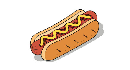 Delicious Hot Dog with Mustard Cartoon Style.