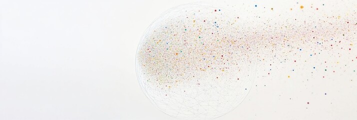 Colorful particles stream from a spherical shape creating a whimsical effect on a light background