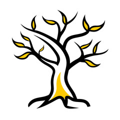 Stylized tree with black branches and yellow leaves against a white background in a simple illustration