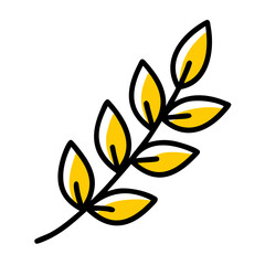Illustration of a golden branch with leaves outlined in black on a white background design element