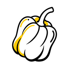 Illustration of a white bell pepper with black outline and yellow highlights on a white background