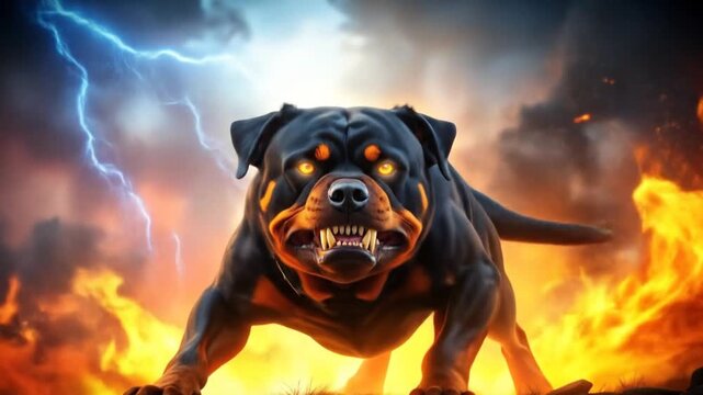 A ferocious Rottweiler amidst dramatic lightning and flames