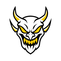 Illustration of a stylized devil face with yellow eyes horns and teeth on a white background art
