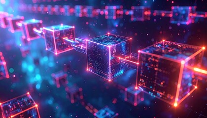 Fototapeta premium Abstract Blockchain Network: Interconnected Cubes with Glowing Edges and Data Transfer in a Digital Space