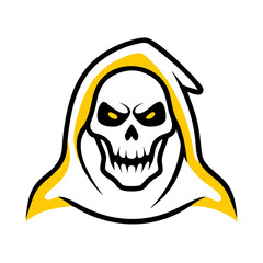 Illustration of a grim reaper skull with yellow accents and a white hooded cloak on a white background