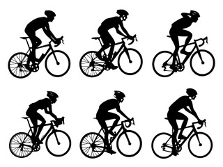 &ldquo;Minimalist cycling silhouettes: sixteen helmeted riders in action, bold black shapes against white, depicting motion such as sprinting, climbing, and victory poses.&rdquo;