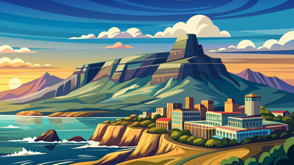 Table Mountain in Cape Town, flat-topped iconic peak overlooking city and ocean, surrounded by clouds and dramatic cliffs