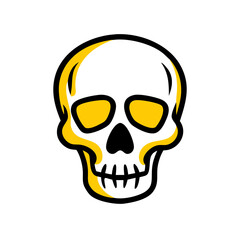 A cartoonish skull with yellow accents and black outlines on a white background is centered here
