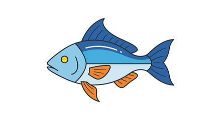 Cartoon Illustration of a Blue Fish with Orange Fins.