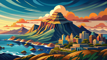 Table Mountain in Cape Town, flat-topped iconic peak overlooking city and ocean, surrounded by clouds and dramatic cliffs
