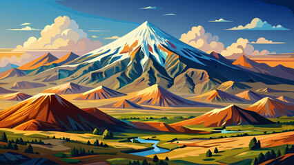 Mount Ararat in Turkey, snow-covered volcanic peak, legendary mountain with biblical history, rising above vast plains