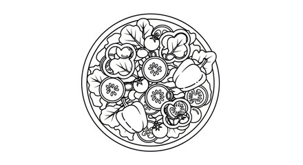 Detailed Black and White Illustration of Fresh Salad Bowl.