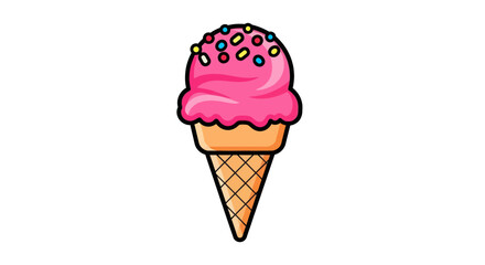 Pink Ice Cream Cone with Sprinkles Cartoon Illustration.