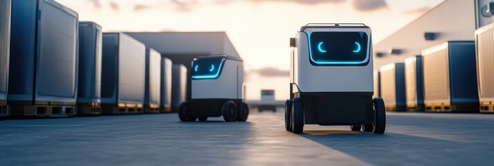 Robots navigating through a delivery warehouse during sunset with glowing eyes and a modern design
