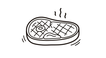 Simple black and white line art illustration of a hot sizzling grilled beef steak with a bone and grill marks.