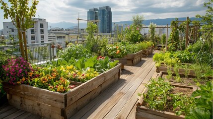 Obraz premium Vibrant rooftop garden with colorful flowers and fresh vegetables under a clear sky.