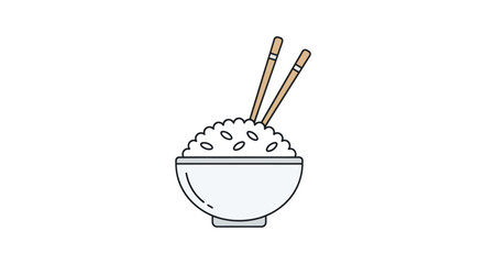 Simple Line Art Bowl of Cooked Rice with Chopsticks.