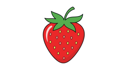 Simple cartoon illustration of a ripe red strawberry with green leaves.