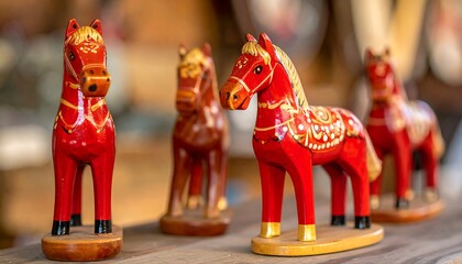 Wooden horse figurines in a shop