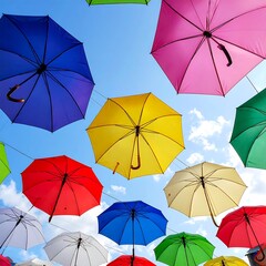 Colorful umbrellas against a vibrant sky